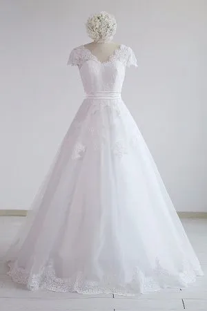 A-line V-neck Half-Sleeves Floor-length Tulle Wedding Dress With Ribbons