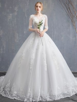 Ball Gown Scoop Neck Half-Sleeves Chapel Train Lace Bridal Gown With Lace