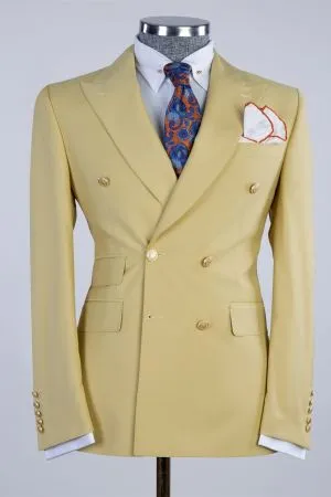 Mustard Yellow Double Breasted Wool Blend Suit with Gold Buttons