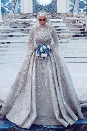 A-line High Neck Long Sleeves Cathedral Train Satin Bridal Gown With Appliques