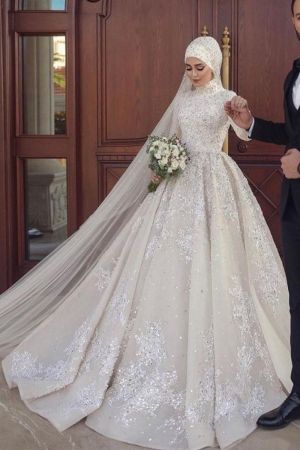A-line High Neck Long Sleeves Sweep / Brush Train Satin Bridal Gown With Sequins