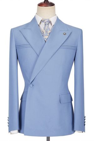Blue Single Breasted Men's Suit with Peaked Lapel for Prom