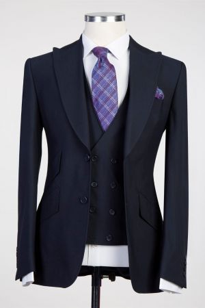 Dark Navy Three Pieces Men Suit with Peaked Lapel