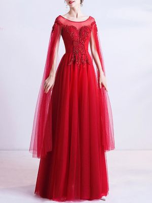 A-line Cap Sleeves Floor-length Tulle Bridal Dress With Beading