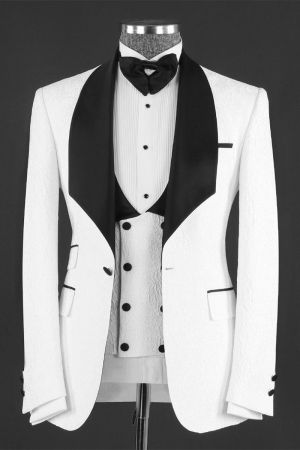 White Jacquard Three Pieces Shawl Lapel Wedding Men Suit