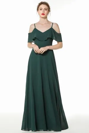 A-line Spaghetti Straps Sleeveless Sweep / Brush Train 100D Chiffon Bridesmaid Gown With Tiered