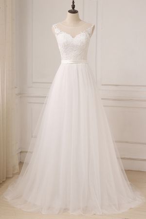 A-line Jewel Neck Sleeveless Chapel Train Tulle Bridal Gown With Appliques