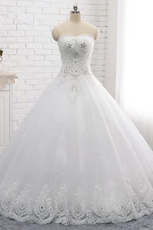 A-line Strapless Sweetheart Neck Sleeveless Floor-length Tulle Bridal Dress With Appliques