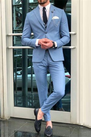Blue Single Breasted Men's Suit with Peaked Lapel for Prom