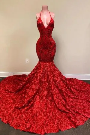 Mermaid V-neck Halter-neck Sleeveless Floor-length Evening Dress With Appliques