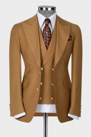 Brown Three Pieces Peaked Lapel Business Men Suit