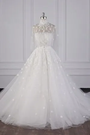 A-line High Neck Long Sleeves Floor-length Tulle Bridal Dress With Lace