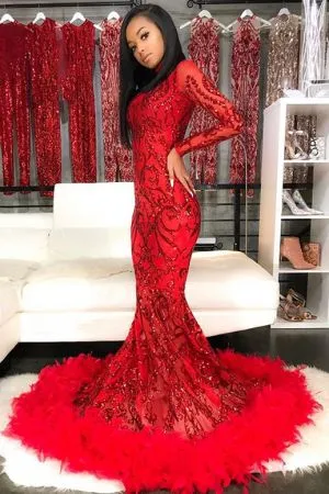 Sparkle Appliques Long Sleeve Mermaid Prom Dresses with Feather