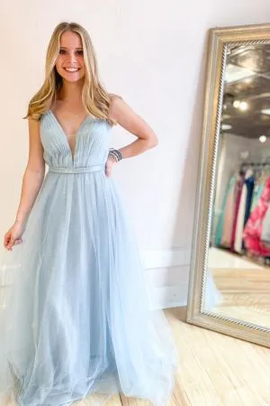 A-line Spaghetti Straps Sweetheart Neck Sleeveless Floor-length Tulle Formal Dress With Ruffles
