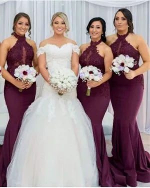 Mermaid Halter-neck Sleeveless Floor-length Bridesmaid Outfit With Appliques