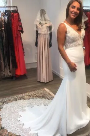 Mermaid V-neck Sleeveless Sweep / Brush Train Satin Bridal Gown With Lace