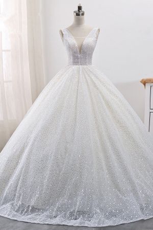 Ball Gown Straps V-neck Sleeveless Floor-length Tulle Wedding Dress With Sequins
