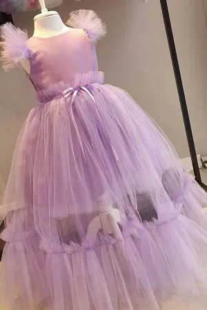 Jewel Neck Cap Sleeves Tulle Flower Girl Dress With Ribbons