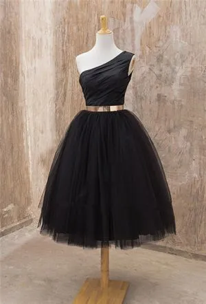 A-line One Shoulder Sleeveless Tea-length Tulle Party Dress
