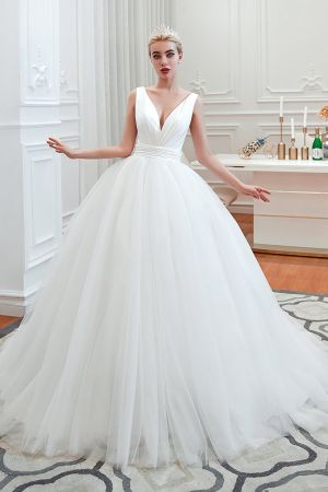 V-neck Sleeveless Cathedral Train Satin Bridal Gown With Ruffles