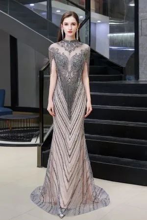 Mermaid Jewel Neck Short Sleeves Court Train Tulle Evening Gown With Beading