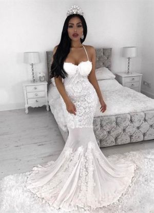 Mermaid Spaghetti Straps Sleeveless Sweep / Brush Train Bridal Gown With Lace