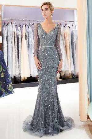 Mermaid V-neck Long Sleeves Court Train Tulle Evening Dress With Crystal