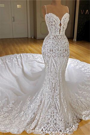 Mermaid Spaghetti Straps Sleeveless Cathedral Train Wedding Gown With Lace