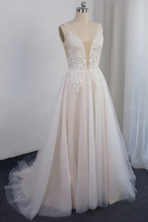 A-line V-neck Sleeveless Chapel Train Tulle Bridal Attire With Beading