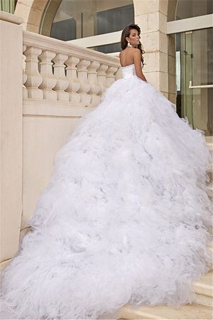 Ball Gown Sweetheart Neck Sleeveless Chapel Train Tulle Wedding Gown With Ruffles