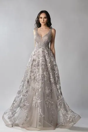Column V-neck Sleeveless Floor-length Tulle Formal Dress With Lace