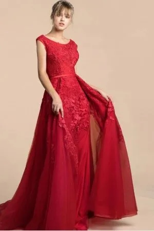 A-line Scoop Neck Sleeveless Floor-length Tulle Formal Dress With Lace