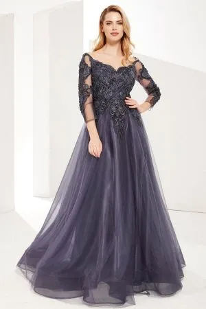 A-line Sweetheart Neck Long Sleeves Floor-length Tulle Evening Dress With Ruffles