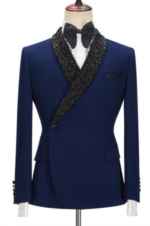 Dark Navy Single Breasted Men's Suit with Black Lapel for Prom