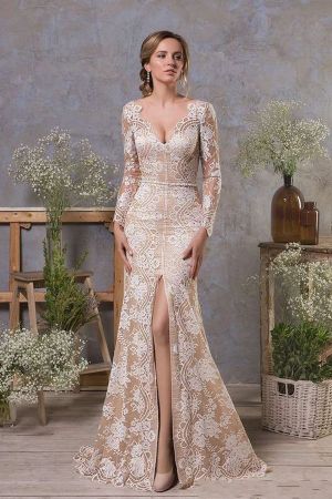 Mermaid V-neck Long Sleeves Sweep / Brush Train Lace Bridal Gown With Lace
