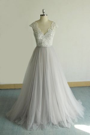 A-line V-neck Short Sleeves Floor-length Tulle Wedding Dress With Lace