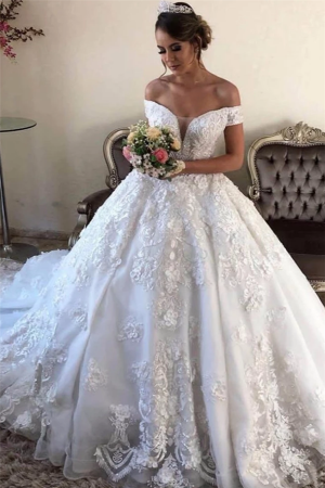Ball Gown Off-the-shoulder Sleeveless Sweep / Brush Train Wedding Gown With Appliques