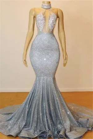 Mermaid Halter-neck Sleeveless Floor-length Evening Gown With Sequins