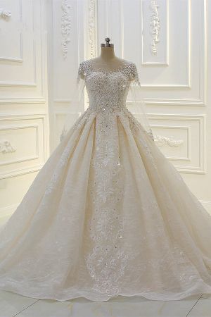 Ball Gown Jewel Neck Long Sleeves Floor-length Tulle Bridal Dress With Beading