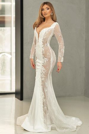 Mermaid Plunging Neckline Long Sleeves Court Train Satin Bridal Gown With Lace
