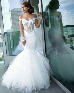 Mermaid Off-the-shoulder Long Sleeves Chapel Train Tulle Bridal Gown With Appliques