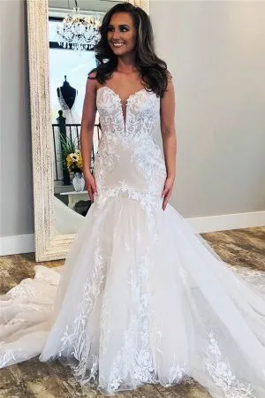 Mermaid Strapless Sleeveless Sweep / Brush Train Bridal Gown With Appliques