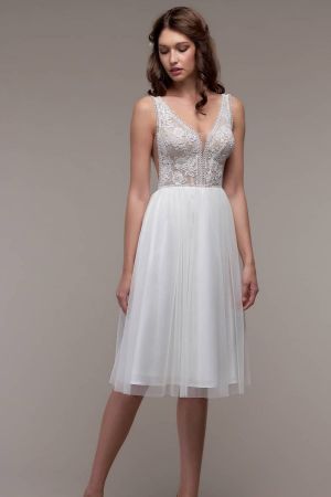 Column V-neck Sleeveless Tea-length Tulle Wedding Dress With Lace