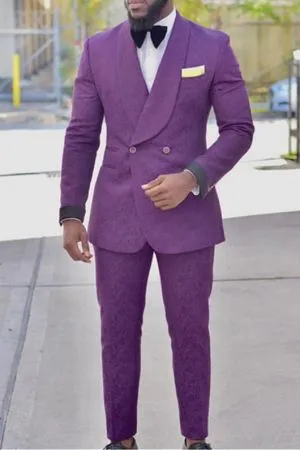Purple Jacquard Slim Fit Groom Tuxedos