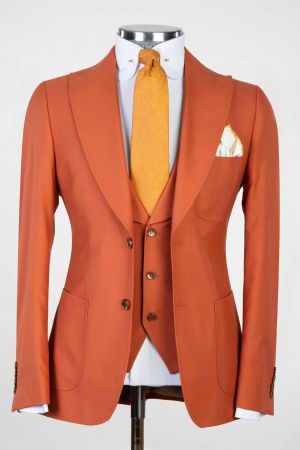 Orange Slim Fit Peaked Lapel Three Pieces Men Suit