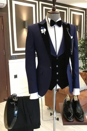 Dark Navy Men's Suit with Velvet Lapel