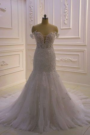 Mermaid Off-the-shoulder Sweetheart Neck Floor-length Tulle Wedding Dress With Appliques
