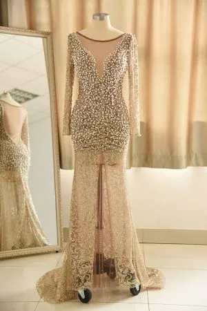 Mermaid Jewel Neck Long Sleeves Floor-length Lace Formal Dress With Lace