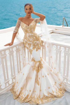 Mermaid V-neck Half-Sleeves Sweep / Brush Train Satin Wedding Dress With Appliques