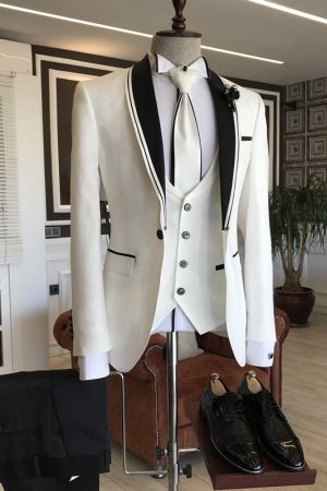 White Slim Fit Bespoke Men's Suit with Black Shawl Lapel for Wedding
